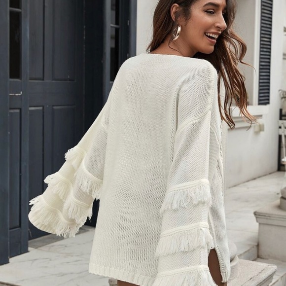 Bohemian Fringe Textured White Sweater - Picture 5 of 8